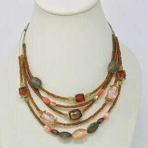 Glass Beaded Five Tier Necklace Brown Pink & Gold